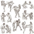 Box. Boxing Sport. Collection of boxing positions of some sportmen, boxers. An hand drawn set on white. Isolated.