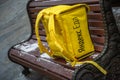 A box with branding of Russian popular food delivery service `Yandex Eda`