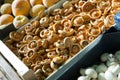 Box of brown champignon mushrooms Royalty Free Stock Photo