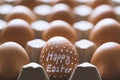 Box of brown eggs with hand painted easter egg, Happy Easter Royalty Free Stock Photo
