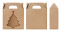 Box brown window Christmas tree shape cut out Packaging template, Empty kraft Box Cardboard isolated white background