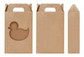 Box brown window Duck shape cut out Packaging template, Empty kraft Box Cardboard isolated white background, Boxes Paper kraft