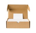 Box of business cards with a blank one good for text & logo stands on top including clipping path Royalty Free Stock Photo