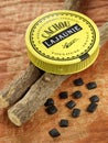 Box of Cachous Lajaunie and licorice sticks Royalty Free Stock Photo