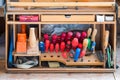 Box of carpenter joiner tools as screwdriver