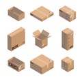 327_Carton packaging box. Isometric carton packaging box images set of different size with postal signs this side up fragile vecto Royalty Free Stock Photo