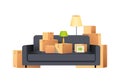 Box Carton Parcels Packs with Sofa and Lamp Vector