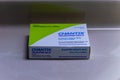 A box of Chantix medication on a counter. A smoking cessation tablet only available with a doctor`s prescription. Modern medicine