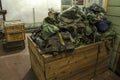 Box with chemical protective suits in the old bomb shelter of the USSR