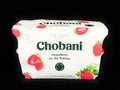 Chobani Strawberry Greek Yogurt on Black Backdrop Royalty Free Stock Photo