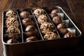 Box of Chocolate Pralines with Hazelnuts. Royalty Free Stock Photo