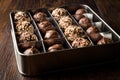 Box of Chocolate Pralines with Hazelnuts. Royalty Free Stock Photo