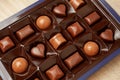 A box of chocolates. Assorted milk chocolate, praline and dark chocolate Royalty Free Stock Photo