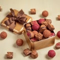 Box of chocolates and confetto or sugared almond top view Royalty Free Stock Photo