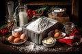 box of christmas cake ingredients including flour, sugar, and eggs