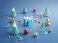 Box Christmas Cute Ornament Lay on The Floor Blue Background 3D Render