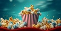 blue bucket red popcorn corn background paper cinema box food film. Generative AI. Royalty Free Stock Photo