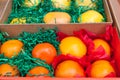 Box with citrus fruits - oranges, grapefruits and Royalty Free Stock Photo