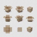 Box collection on transparent background. Carton open and closed container. Brown packaging set. Vector