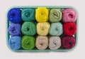 Box with colorful knitting yarn