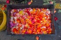 Box of colorful rose petals, Paloquemao Market, Bogota, Colombia Royalty Free Stock Photo