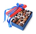 Box with delicious chocolate candies isolated on white Royalty Free Stock Photo