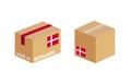 box with Denmark flag icon set, cardboard delivery package made in Denmark Royalty Free Stock Photo