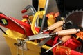 Box with different carpenter`s tools, closeup Royalty Free Stock Photo