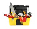 Box with different carpenter`s tools isolated