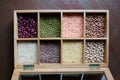 A box of different kinds of lentils Royalty Free Stock Photo