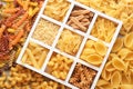 Box with different uncooked pasta, top view