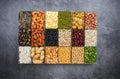 Box of different whole grains beans and legumes seeds lentils and nuts colorful snack background top view Collage various beans Royalty Free Stock Photo