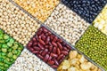 Box of different whole grains beans and legumes seeds lentils and nuts colorful snack texture background - Collage various beans