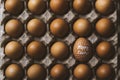 Box of eggs on black background with one happy easter written egg Royalty Free Stock Photo