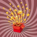 Box With Coins Exploision, Blast. Open Red Gift Box and Confetti. Win, casino, lottery, quiz. Spiral Stripes Background Royalty Free Stock Photo