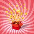Box With Coins Exploision, Blast. Open Red Gift Box and Confetti. Win, casino, lottery, quiz. Spiral Stripes Background Royalty Free Stock Photo