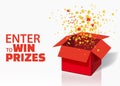 Box Exploision, Blast. Open Red Gift Box and Confetti. Enter to Win Prizes. Win, lottery, quiz. Vector Illustration Royalty Free Stock Photo