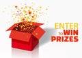 Box Exploision, Blast. Open Red Gift Box and Confetti. Enter to Win Prizes. Win, lottery, quiz. Vector Illustration Royalty Free Stock Photo