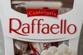 Box of Ferrero Raffaello premium sweets produced by the Italian chocolatier Ferrero SpA, close up. Raffaello is a spherical