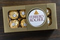 Box of Ferrero Rocher premium chocolate sweets produced by the Italian chocolatier Ferrero SpA, close up Royalty Free Stock Photo