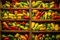 Box filled with lots of different types of peppers on top of each other. Generative AI Royalty Free Stock Photo
