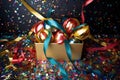 box filled with metallic confetti and streamers