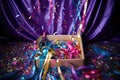 box filled with metallic confetti and streamers