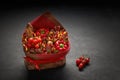 Box filled with sausage, cheese of various types, bread and tomatoes stands against a black background Royalty Free Stock Photo