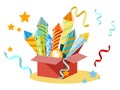 Box with fireworks, firecrackers. Set for the holiday. In minimalist style. Flat isometric raster