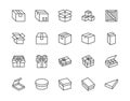 Box flat line icon set. Carton, wood boxes, product package, gift vector illustrations. Simple outline signs for