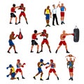 Box flat set consist of sparring referee announces victory boxer punching bag knockdown and professional sportsman with Royalty Free Stock Photo
