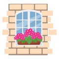 Box with flowers on the window, brick wall with red white window, vector illustration in flat style, cartoon, isolated