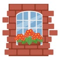 Box with flowers on the window, brick wall with white window, vector illustration in flat style, cartoon, isolated