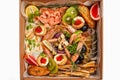 A box of food, cheese, breads, fish, shrimp. Food delivery for the company, romantic, office dinner at home. Beautiful composition Royalty Free Stock Photo